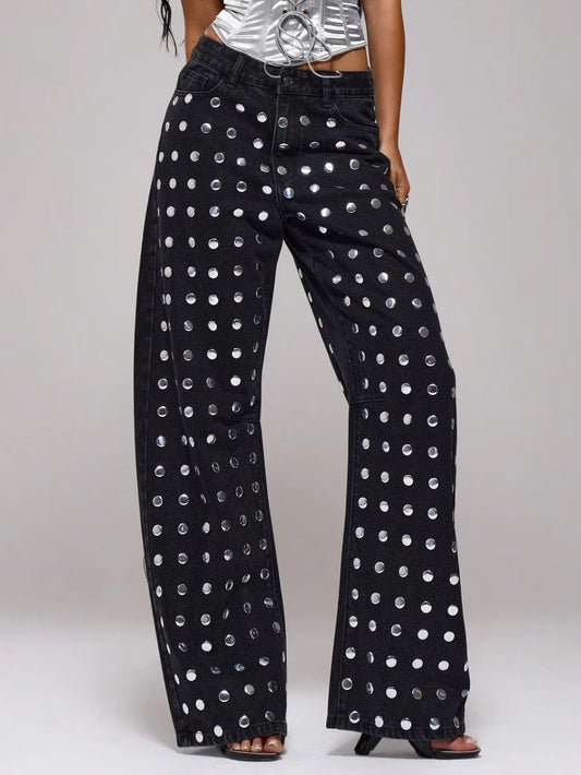 Rivet Decoration Straight High-Waisted Denim Jeans