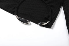 Black Metal Ring Irregular Hem Full Sleeve Top