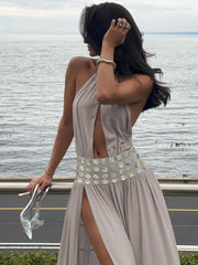 Halter Open Back Slit Button Applique Strap Maxi Dress