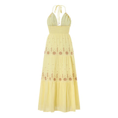 Embroidery Smocked V-Neck Halter Long Dress