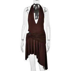 Deep V-Neck Halter Twisted Pleated Waist Irregular Hem Mini Dress