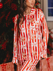 Satin Gingerbread Print Long Sleeve Shirt And Wide Leg Pants Pajamas Set
