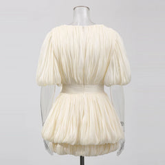 Ruched Deep V Neck Puff Sleeve 3D Flower Mini Dress