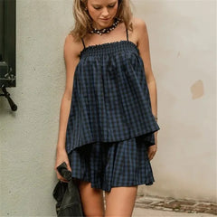 Gingham Plaid Peplum Babydoll Cami Top And Shorts Set