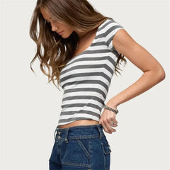 Striped Square Neck Crop T-Shirt