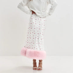 Floral Print Satin Faux Fur Trim Midi Skirt