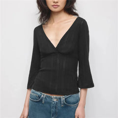 Eyelet Textured V-Neck 3/4 Flare Sleeve Top