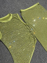 Green O Neck Sleeveless Crystal Top And Mesh Midi Skirt Set