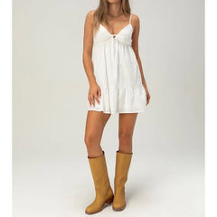 Spaghetti Strap Babydoll Tied V-Neck Mini Dress