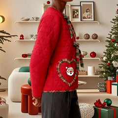 Christmas Quilted Santa Claus Embroidery Heart Pockets Jacket