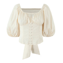 White Quarter Puff Sleeve Back Bow Top