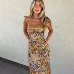 Printed Sequin Trim Open Back Maxi Dress