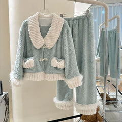 Fur Fleeve Long Sleeve Pocket Shirt And Pants Pajama Set