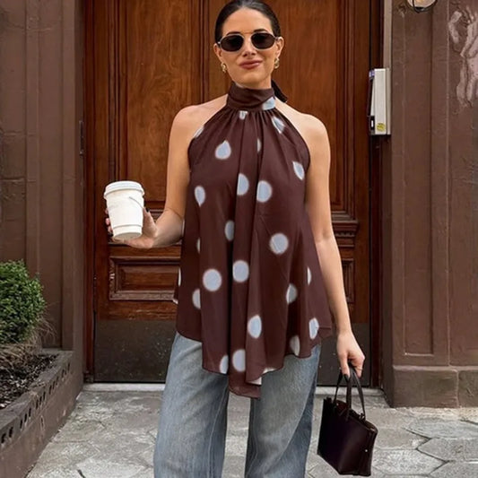 Brown Mesh Backless Polka Dot Top