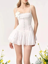 White Spaghetti Strap Eyelet 3d Flower Mini Dress
