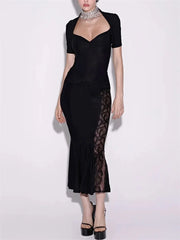 Side Lace Patchwork Black Short Sleeve Maxi Dress