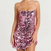 Sequin Spaghetti Strap Back Lace Up Mini Dress