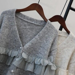Pearl Button Ruffle Trim Cardigan