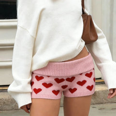 Heart Print Knitted Elastic Waist Shorts