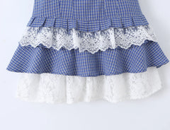 Blue Plaid Short Lace Hem Cake Sling Dress