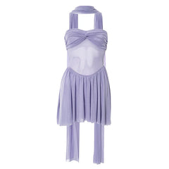 Purple See Through Strapless Pleated Mini Dress with Scarf