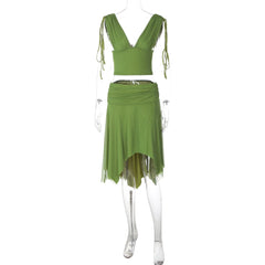 V-Neck Drawstring Crop Top And Asymmetric Midi Skirt Set
