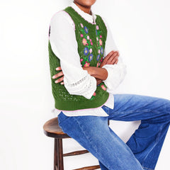 Green Floral Embroidered Sweater Vest