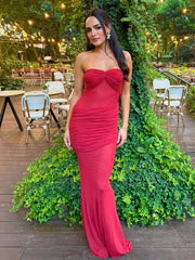 Red Strapless Mesh Ruched Maxi Dress