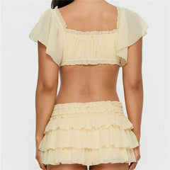 Ruffled Off-the-Shoulder Crop Top and Tiered Mini Skirt Set