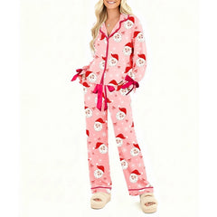 Christmas Bow Tie Ruffle Long Sleeve Shirt with Pants Pj Set