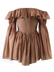 Brown Off Shoulder Long Sleeve Frill Mini Dress
