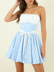 Blue Bow Plaid Short Dress