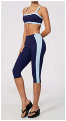 Two-Tone Contrast Seam Crop Top And Capri Leggings Set