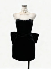 Black Diamonds Trim Velvet Strapless Bowknot Mini Dress