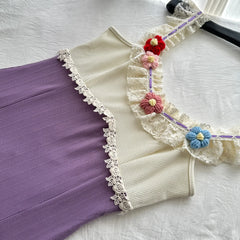 Purple Knitted 3D Flower Mini Dress