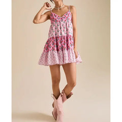 Pink Printed Patchwork Cami Mini Dress