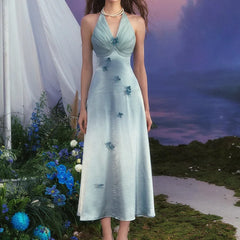 Blue 3D Flower Applique Mesh Halter Midi Dress