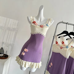 Purple Knitted 3D Flower Mini Dress