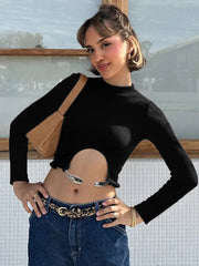 Black Metal Ring Irregular Hem Full Sleeve Top