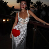 Satin Dotted Print Lace Patchwork Maxi Dress