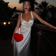 Satin Dotted Print Lace Patchwork Maxi Dress