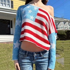 One-Shoulder American Flag Knit Top