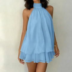 Tiered Ruffle Open Back Halter Mini Dress