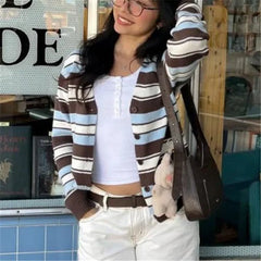 Blue Striped Crop Knit Cardigan