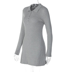 Grey Polo Collar Long Sleeve Knitted Mini Dress