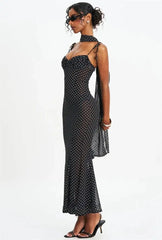 Black Polka Dot Sweetheart Neck Spaghetti Strap Scarf Maxi Dress