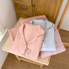 Embroidery Cotton Long-sleeved Shirt And Pants Two Piece Loungewear Set