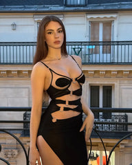 Black Cut Out Sheer Desgin High Slit Maxi Dress Set