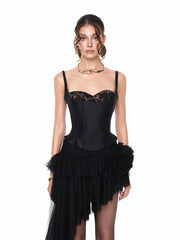 Fishbone Lace-Up Top And Mesh Asymmetrical Skirt Two-Piece Set