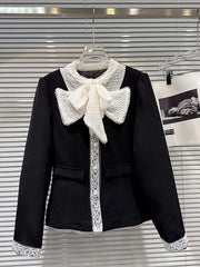 Black Lace Bow Quilted Short Blazer And Skirt Set